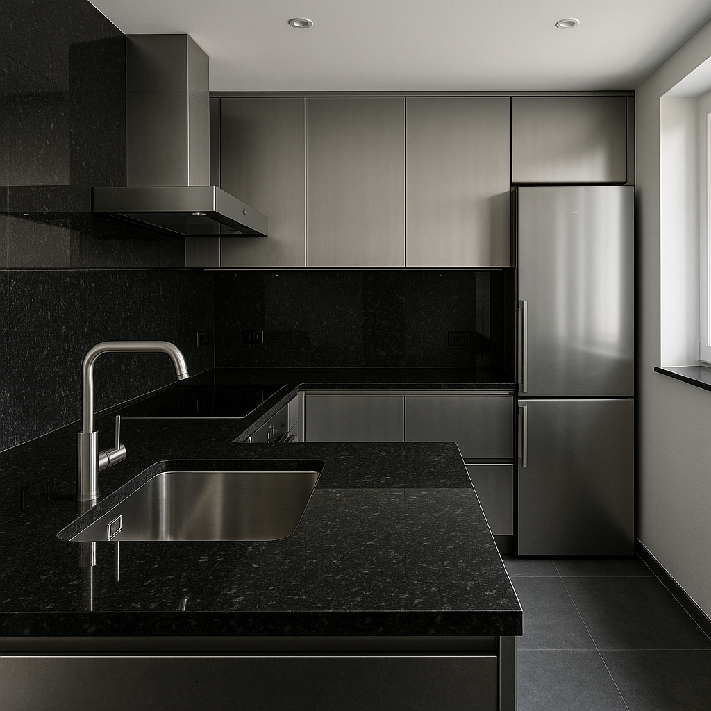 Cuisine moderne intégrée avec plan de travail noir, meubles en inox et agencement fonctionnel – Studio AB Origin, architecte d’intérieur
