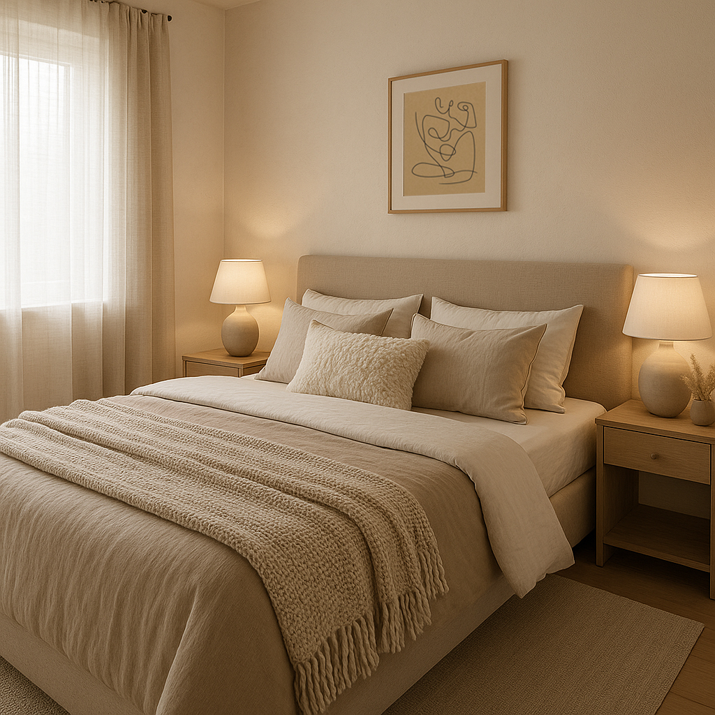 Chambre cocooning aux tons beiges avec lit double, textiles chaleureux et éclairage doux – Studio AB Origin, architecte d’intérieur