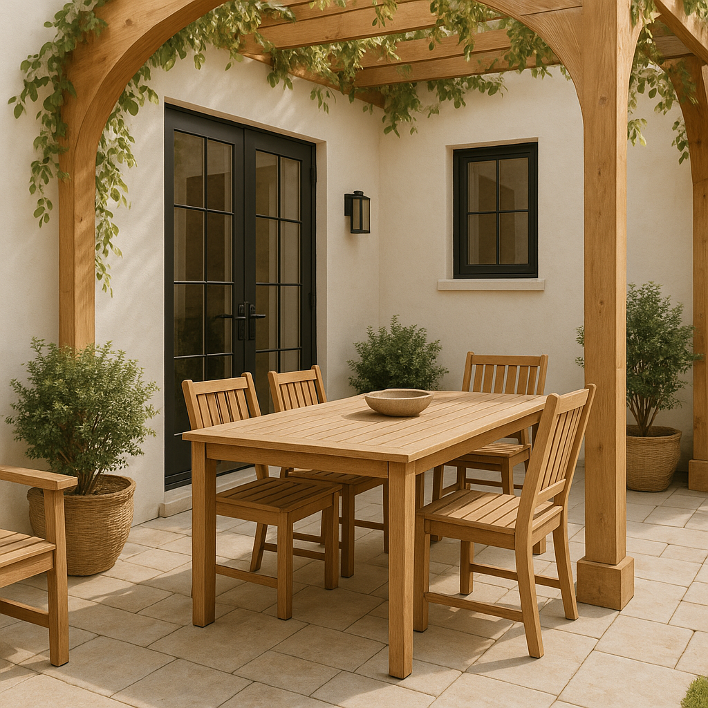 Terrasse avec pergola en bois, table et chaises de jardin assorties, ambiance méditerranéenne chaleureuse