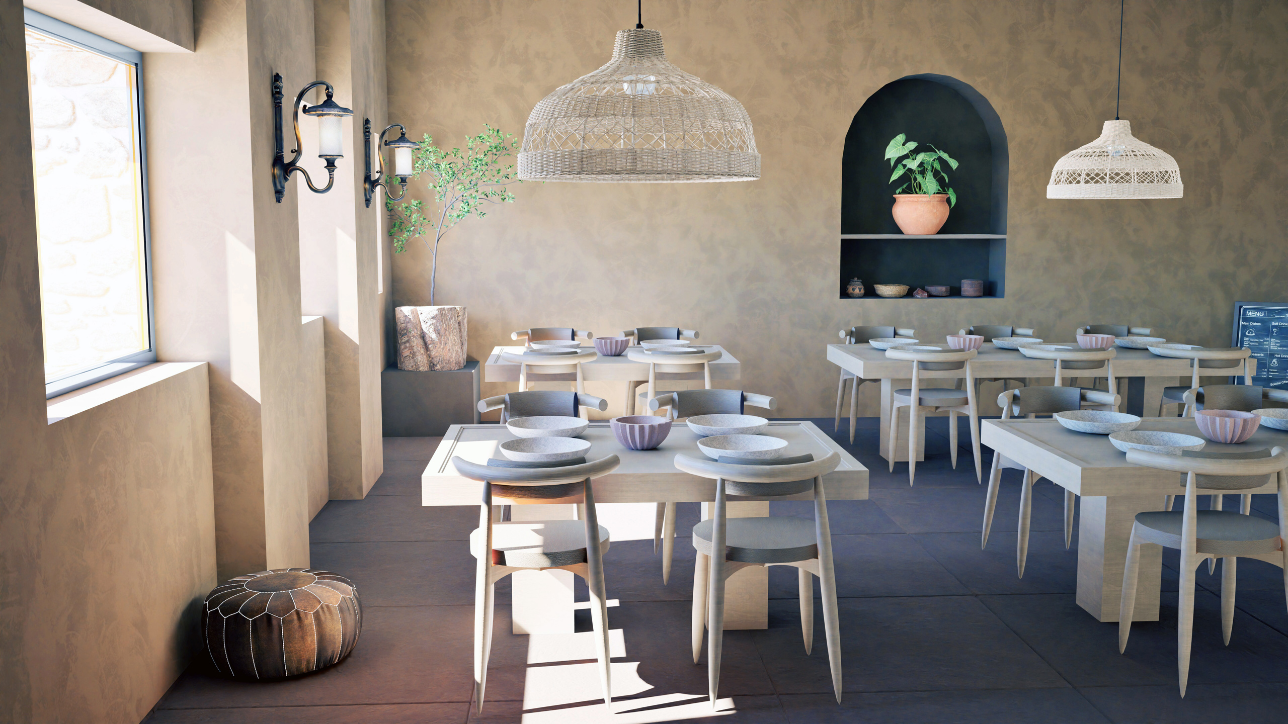 Restaurant au style méditerranéen conçu par Studio AB Origin, architecte d’intérieur, avec tables en bois clair et suspensions en rotin – décoration chaleureuse et murs couleur sable