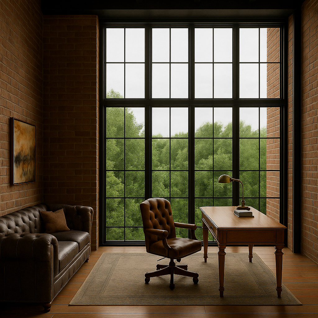 Bureau industriel avec mur en briques et large baie vitrée – Studio AB Origin