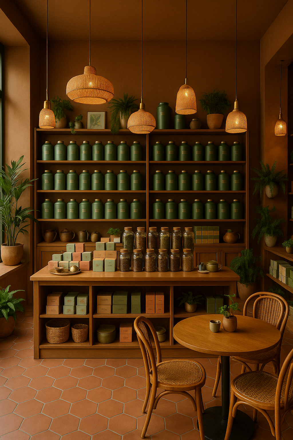 Boutique de thé chaleureuse avec étagères garnies et mobilier en bois – Studio AB Origin