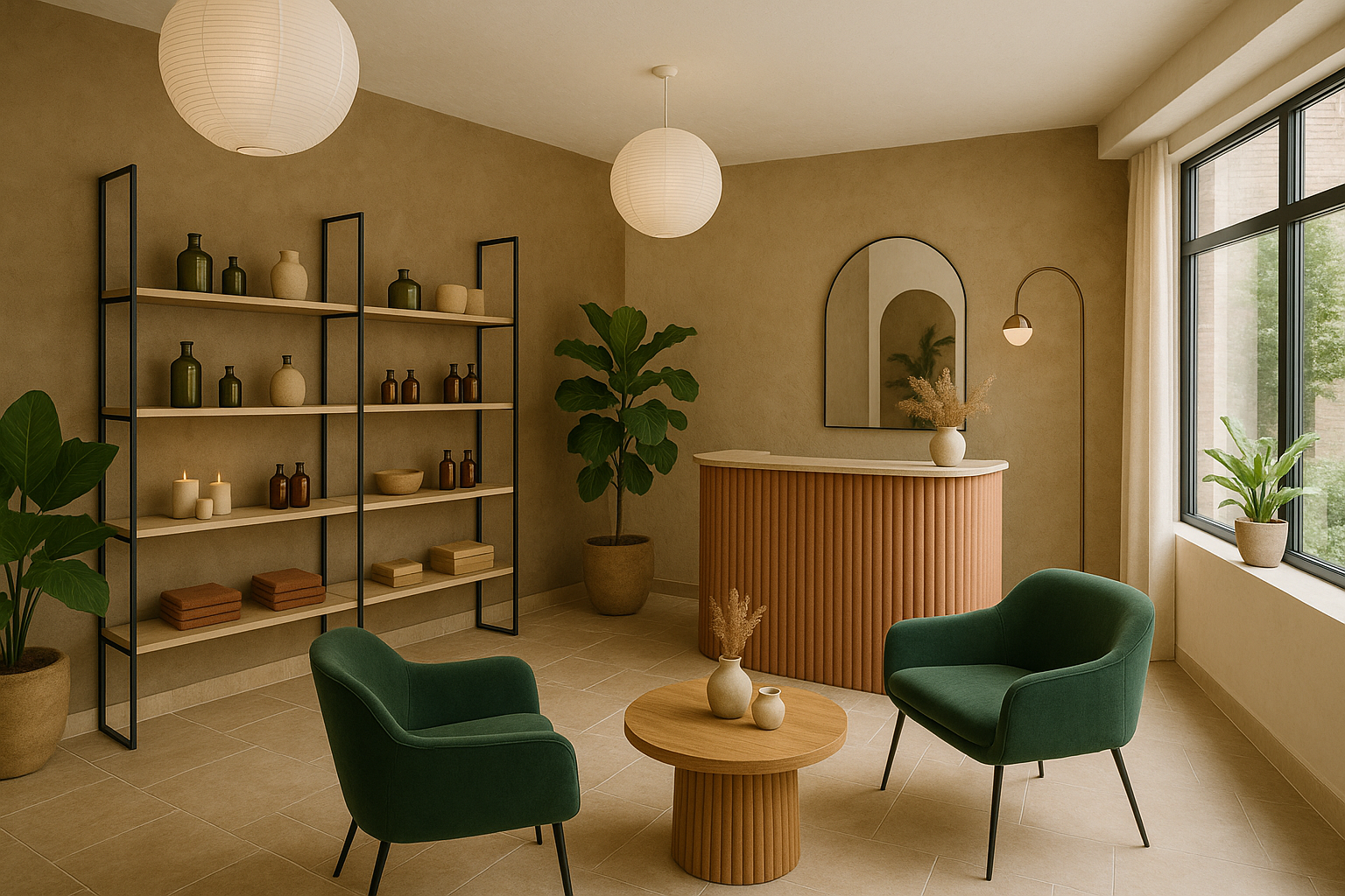 Salon d’attente naturel avec comptoir arrondi et fauteuils verts