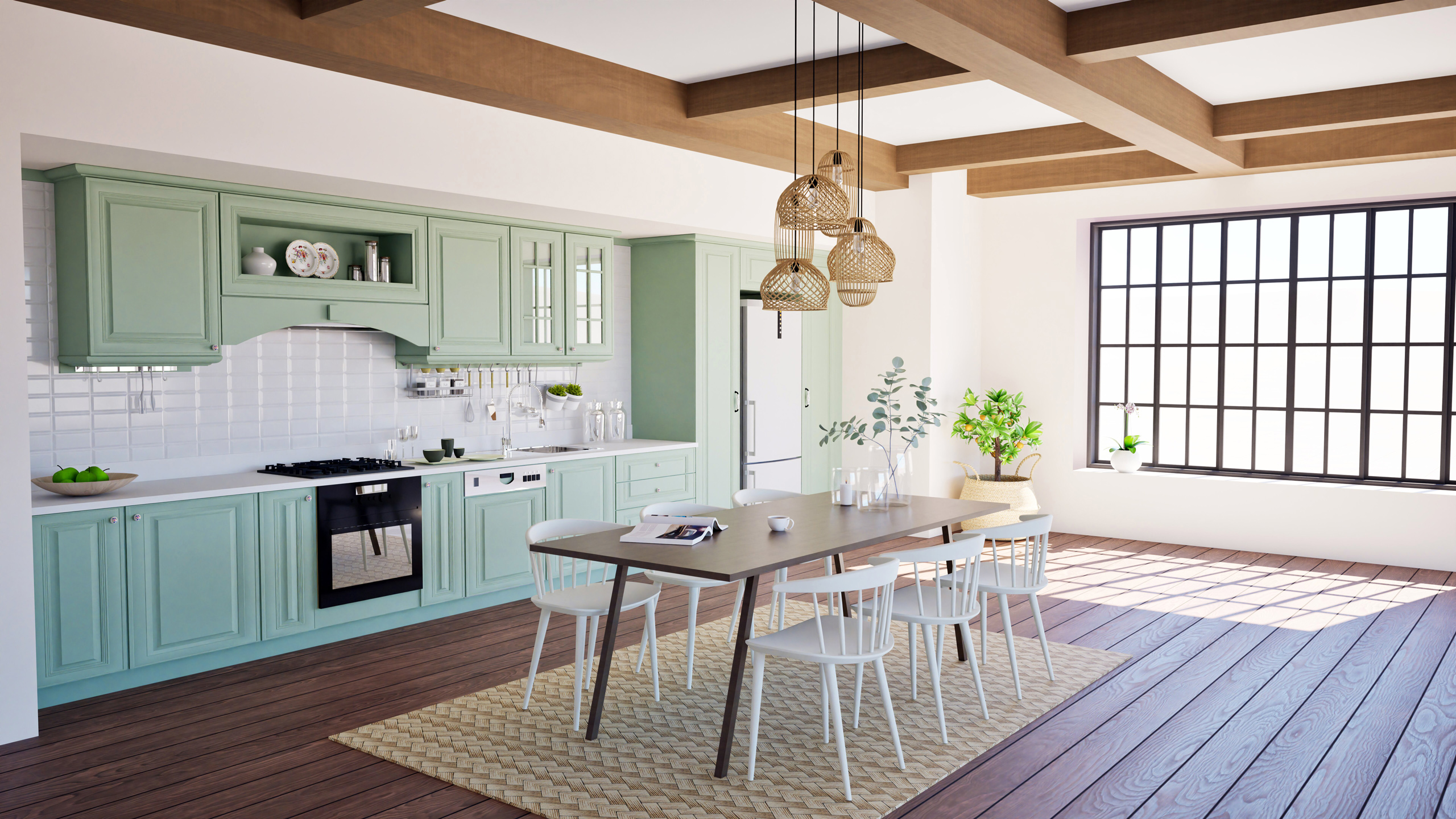 Espace de vie avec cuisine ouverte style campagne chic, poutres apparentes et grandes fenêtres – Studio AB Origin, architecte d’intérieur