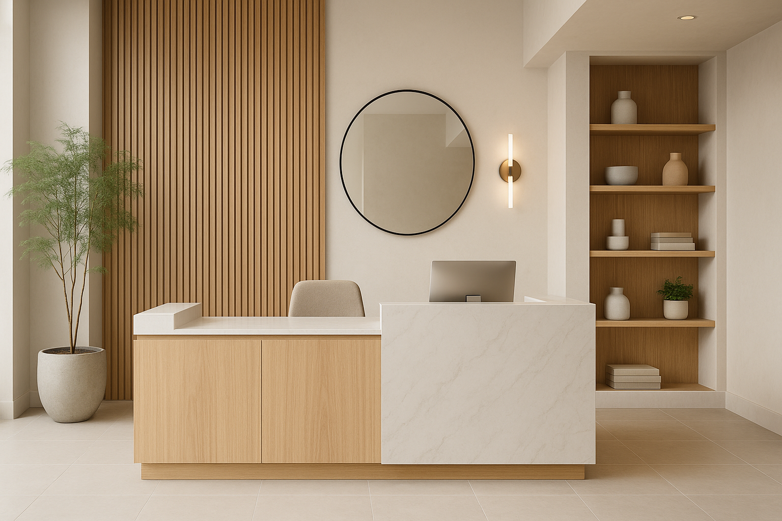 Comptoir d’accueil contemporain en bois clair et marbre, hall moderne