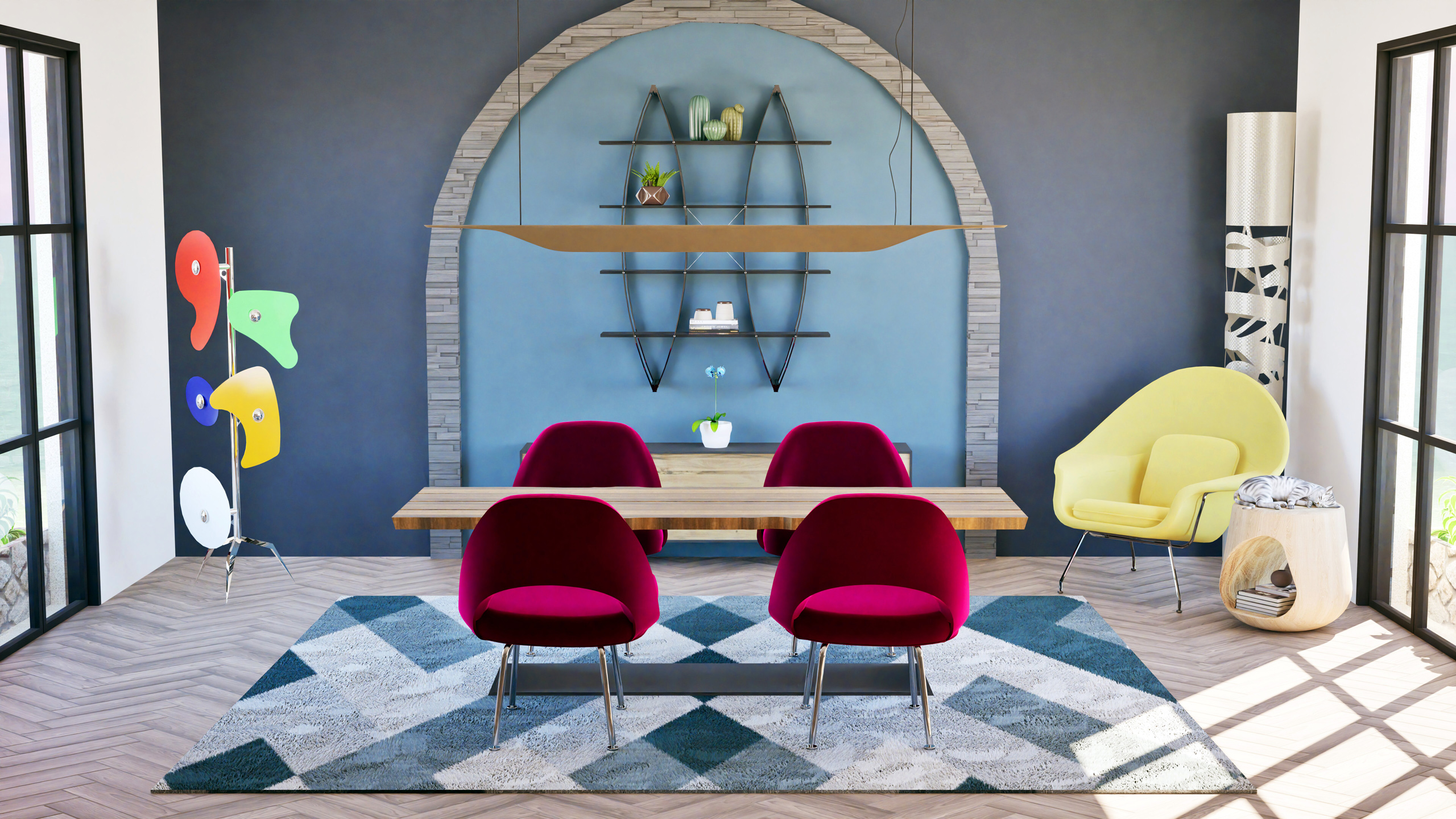 Salle à manger colorée avec mur bleu, chaises rouges et table en bois clair – Studio AB Origin, architecte d’intérieur