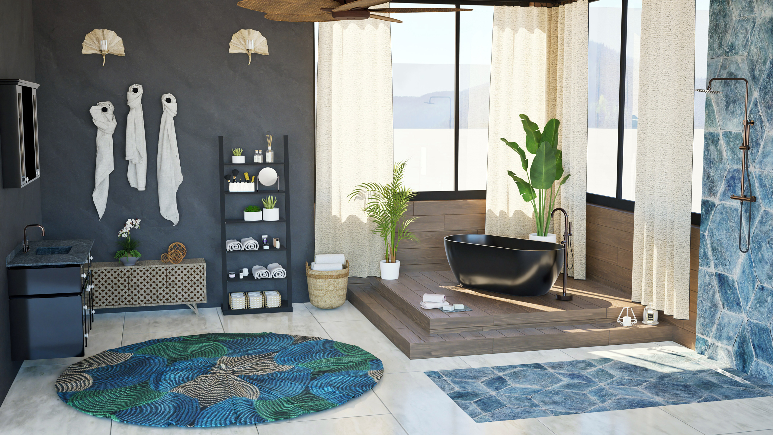 Salle de bain haut de gamme avec baignoire noire, douche à l’italienne et murs en pierre bleue – Studio AB Origin, architecte d'intérieur à Clermont-Ferrand