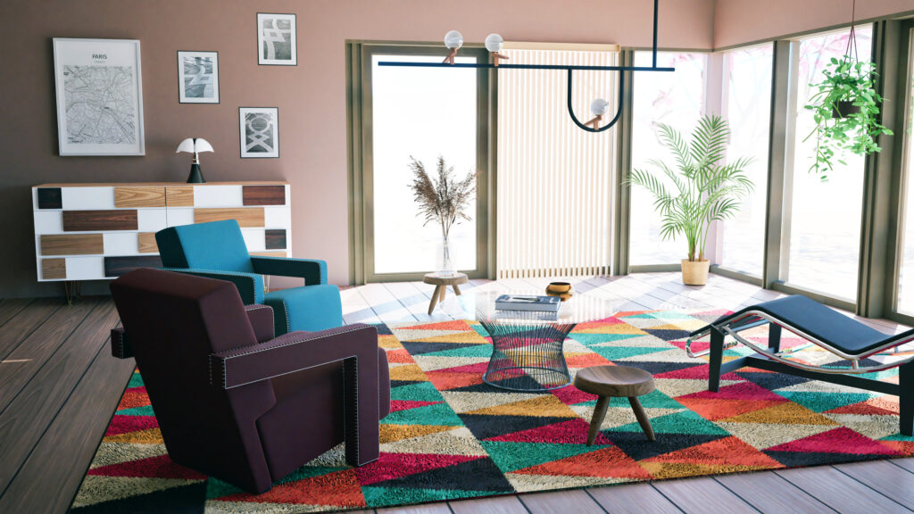 Architecture intérieure : salon moderne aménagé par Studio AB Origin, avec fauteuils et mobilier de créateur, tapis géométrique coloré – architecte d’intérieur