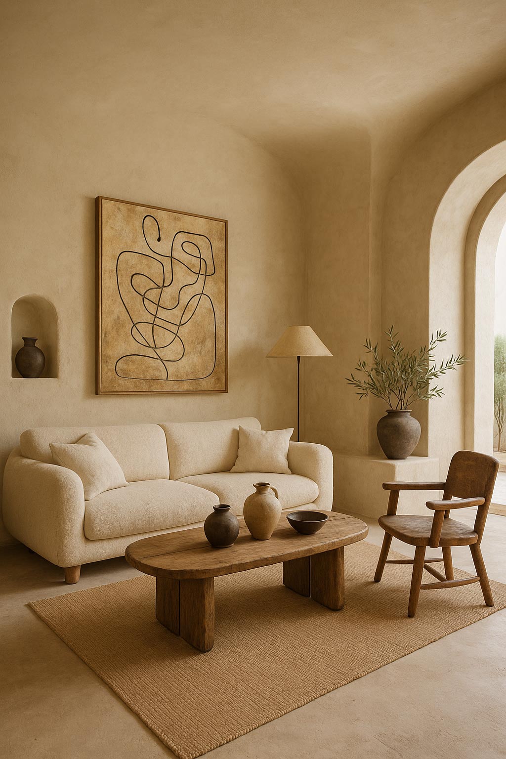 Séjour wabi-sabi aux tons beiges, mobilier minimaliste en bois massif et céramique – Architecture intérieure Studio AB Origin, architecte d’intérieur