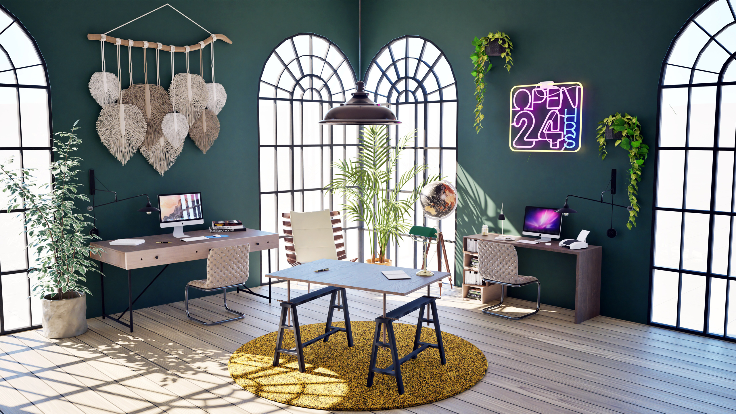 Bureau professionnel avec panneau néon et grandes baies vitrées – Studio AB Origin