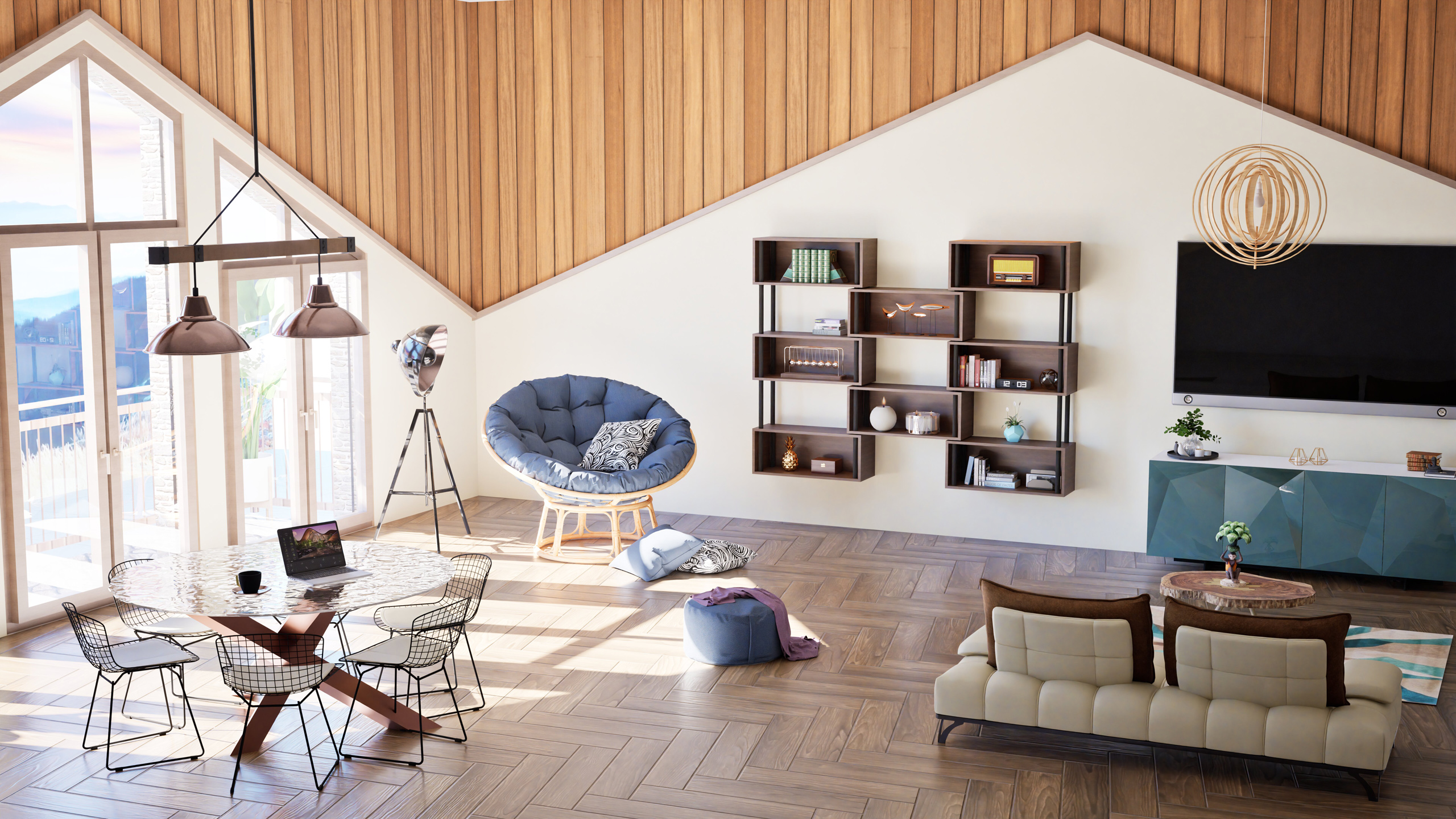 Salon chaleureux avec mur en lambris décoratif, grande baie vitrée et mobilier élégant – Studio AB Origin, architecte d’intérieur