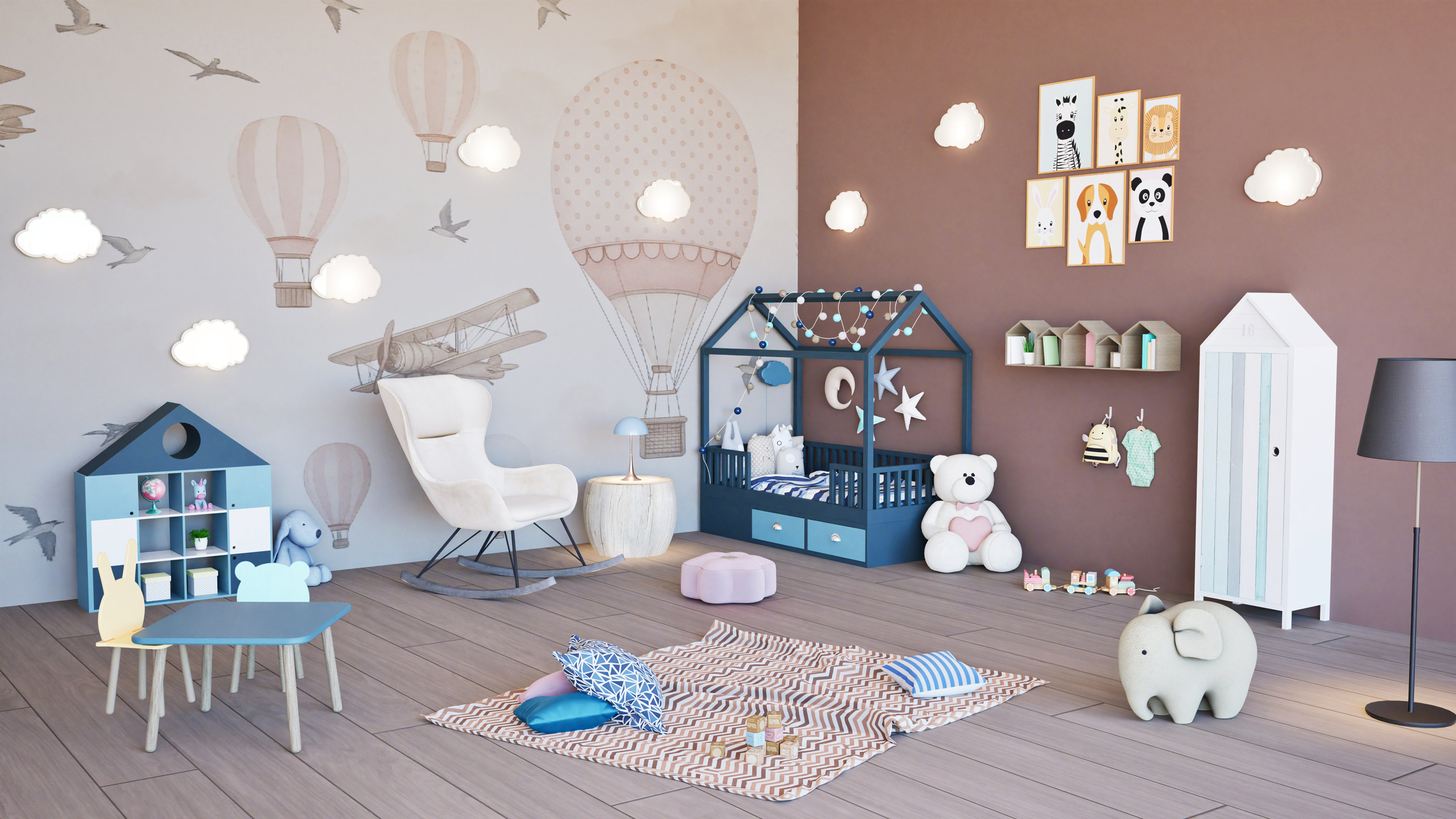 Chambre d’enfant sur mesure avec cabane bleue, mobilier bois clair, décor mural ballons et nuages lumineux – Studio AB Origin, architecte d’intérieur à Clermont-Ferrand