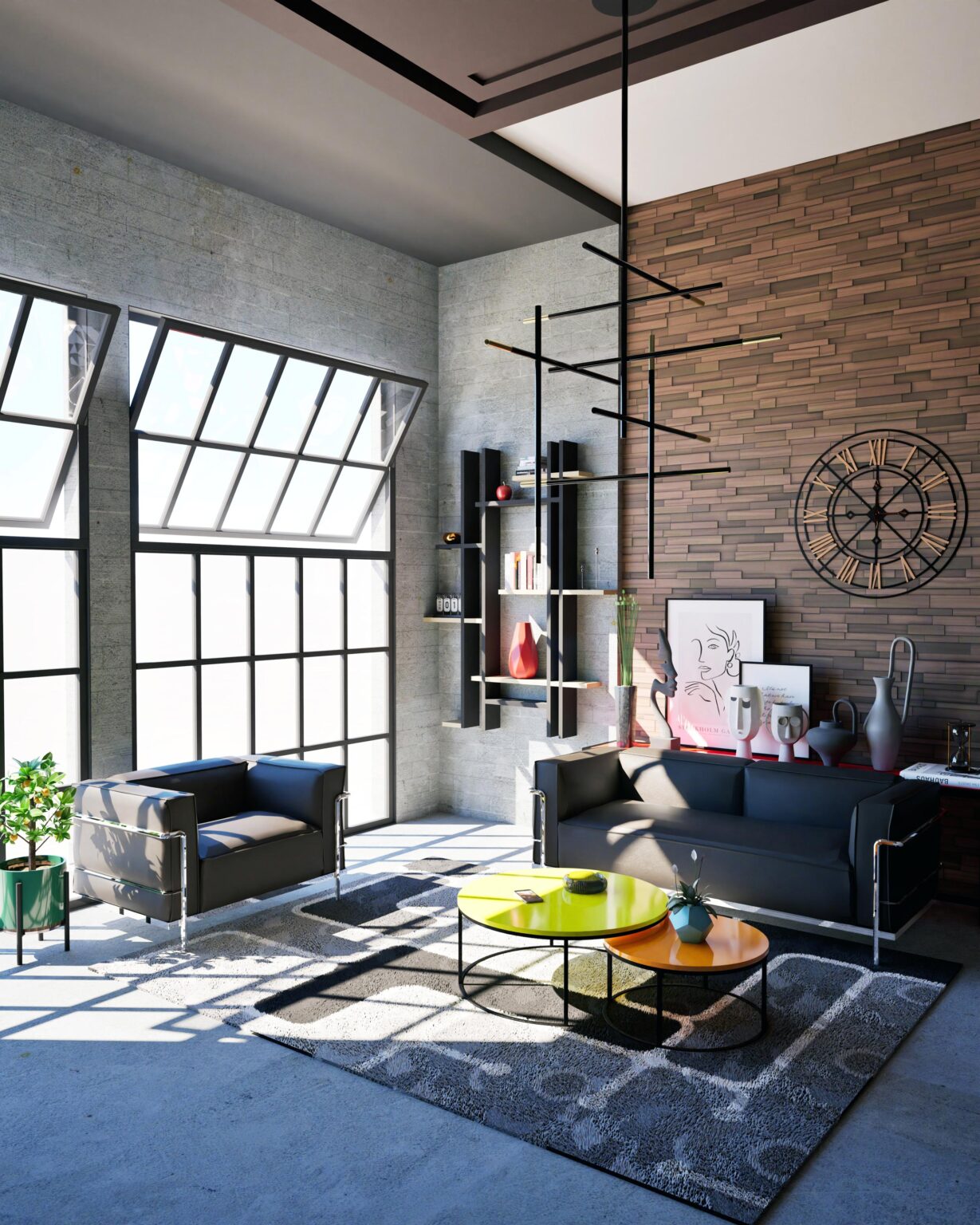 Salon industriel avec murs en briques, grandes baies vitrées et mobilier contemporain