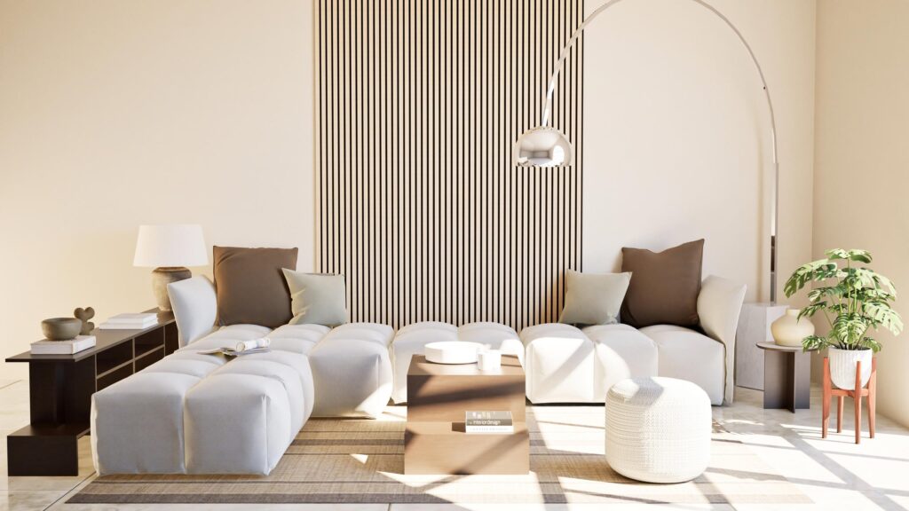 Salon modulaire avec assises épurées et ambiance minimaliste par Studio AB Origin, architecte d'intérieur à Clermont-Ferrand