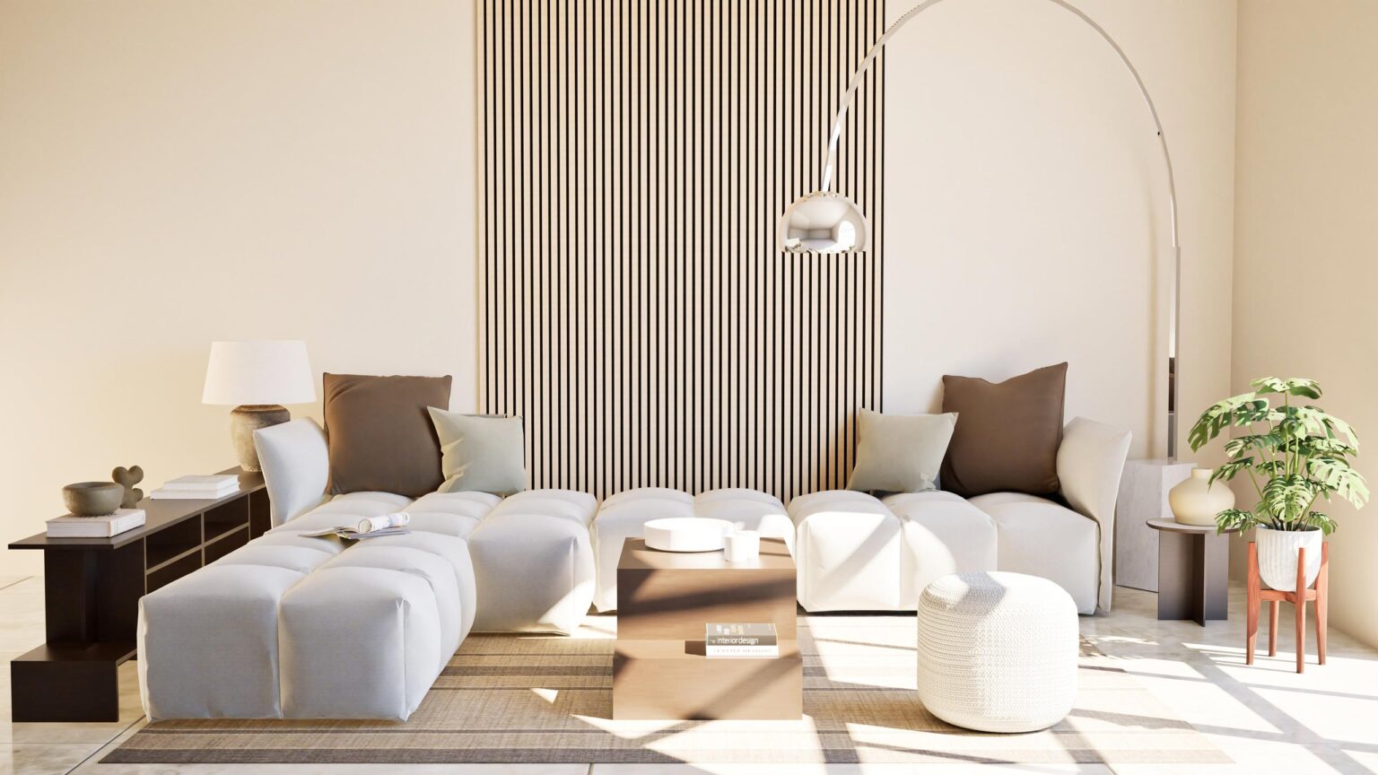 Salon avec assises modulaires claires, mur à lattes en bois et lampadaire déporté