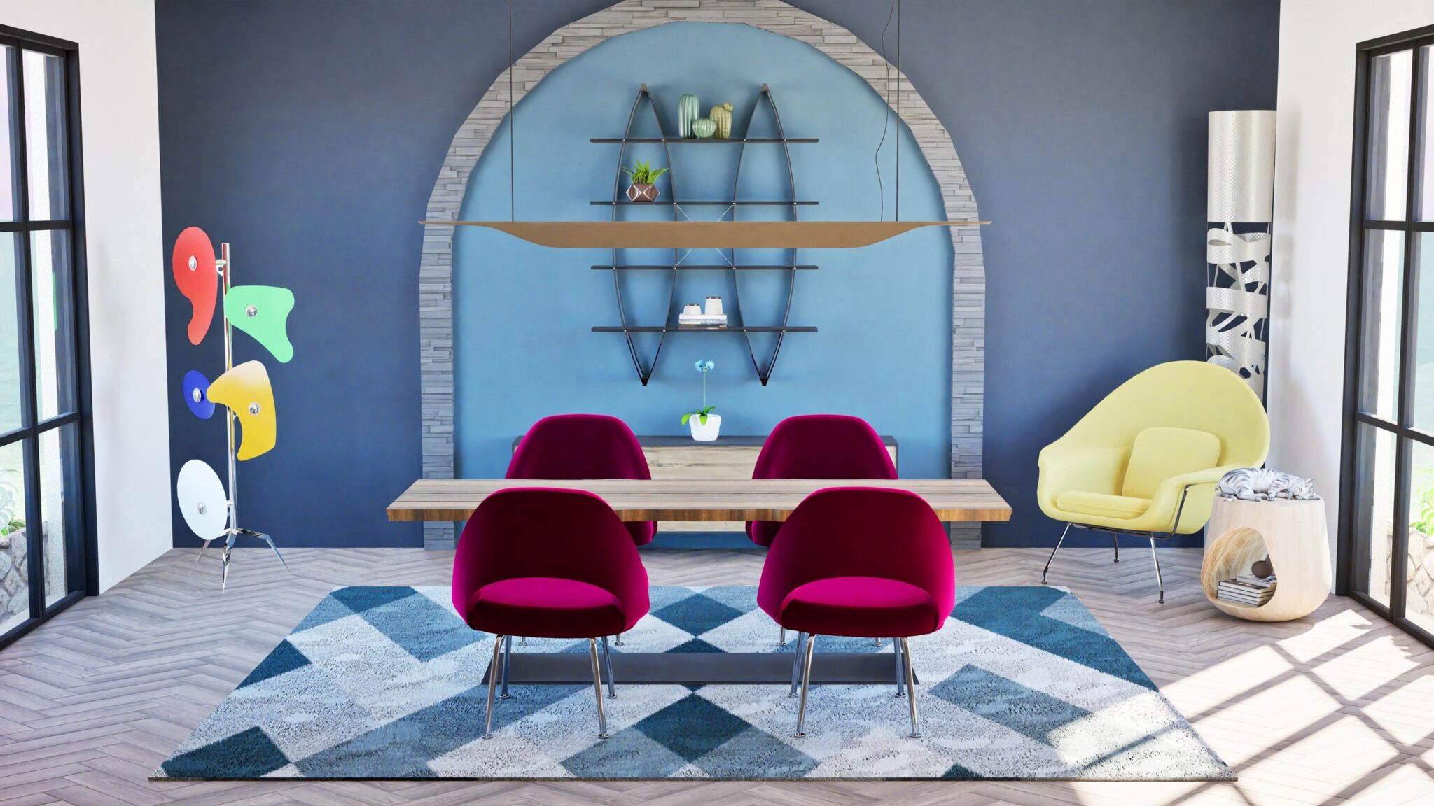 Salle à manger avec mur bleu, chaises rouges et table en bois clair