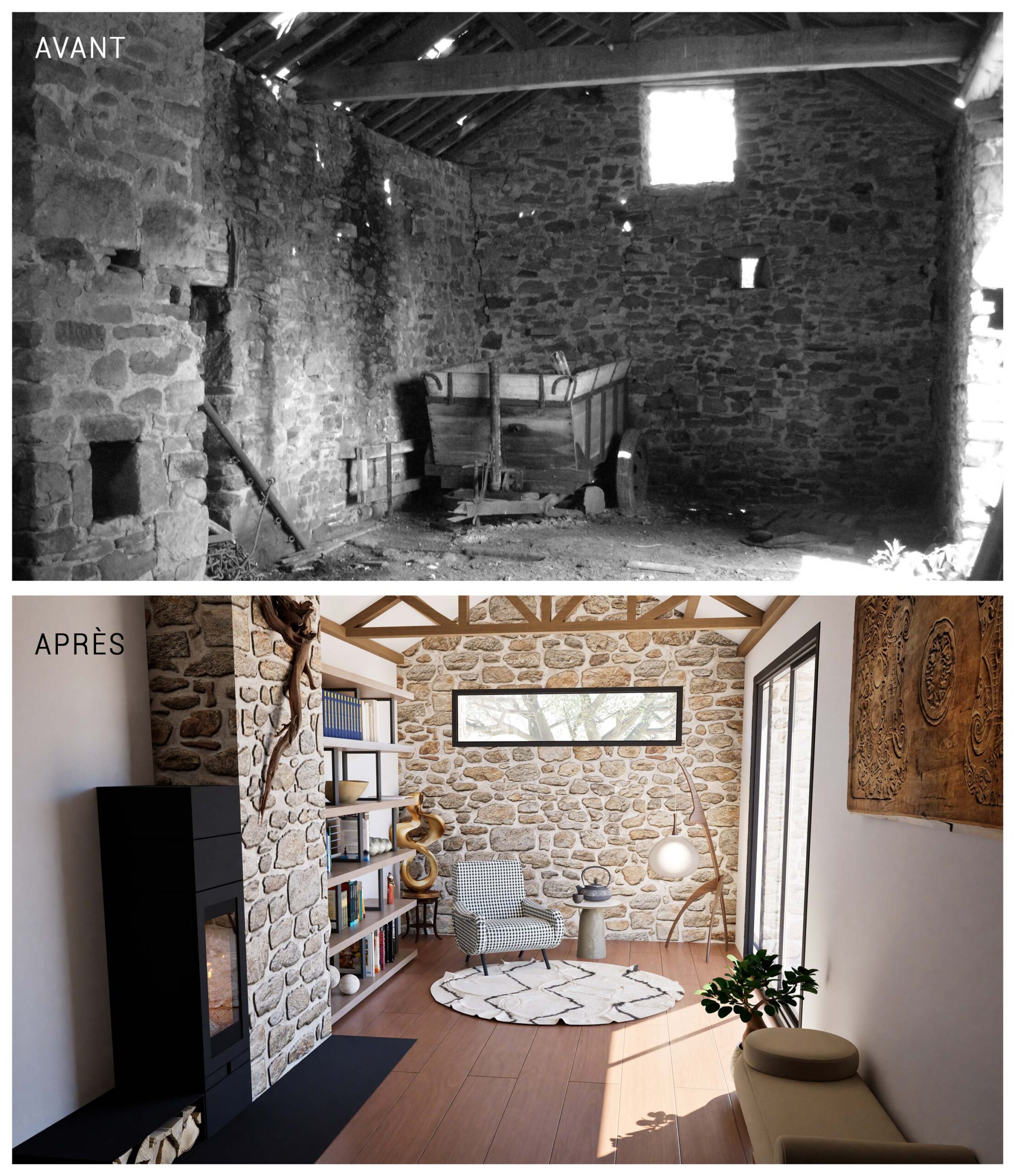 Transformation d’une grange en coin lecture lumineux – Avant / Après – Studio AB Origin - Architecture et Design