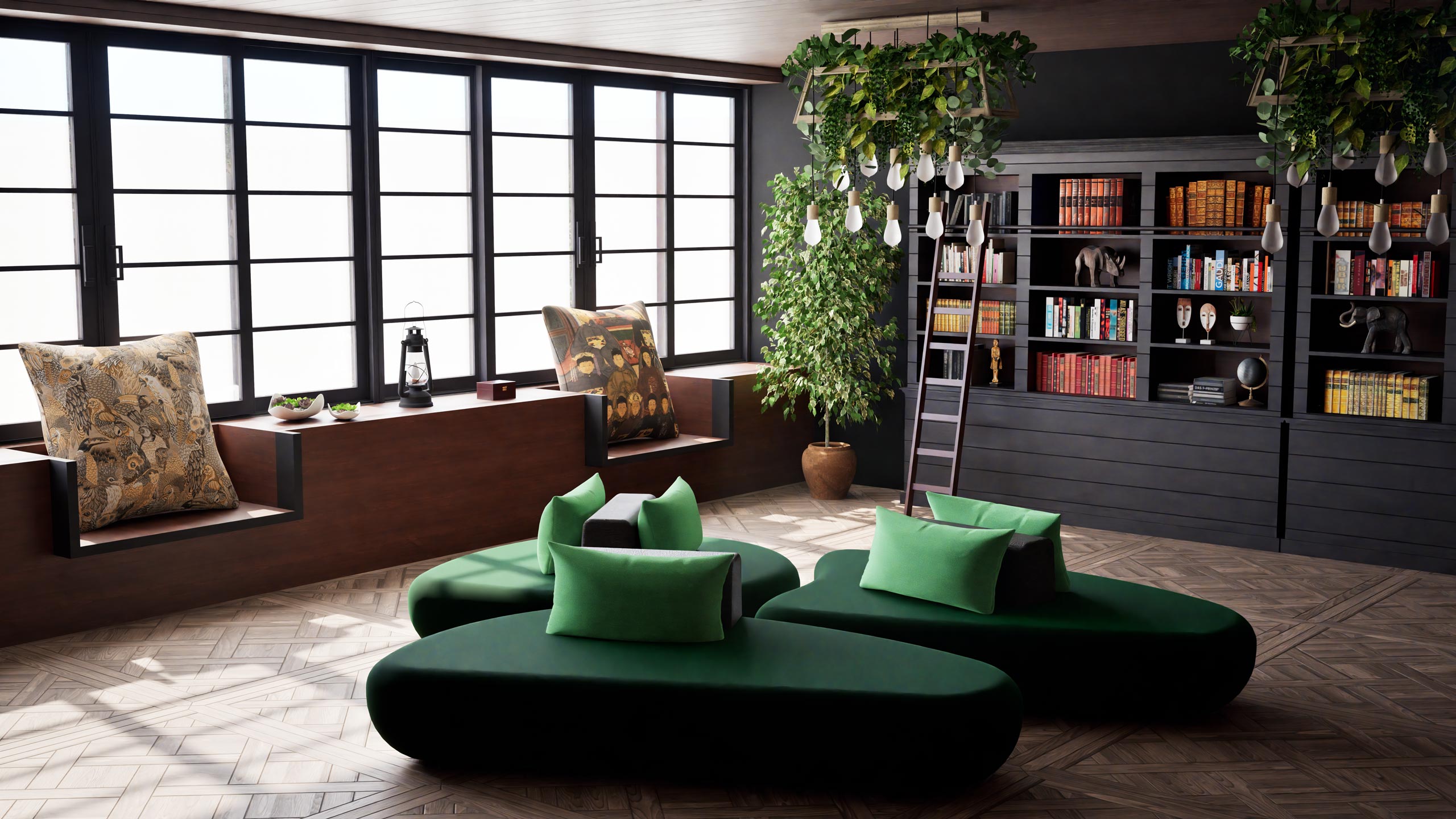 Bibliothèque sur mesure en bois sombre avec assises vert émeraude et coin lecture lumineux – Studio AB Origin, architecte d’intérieur