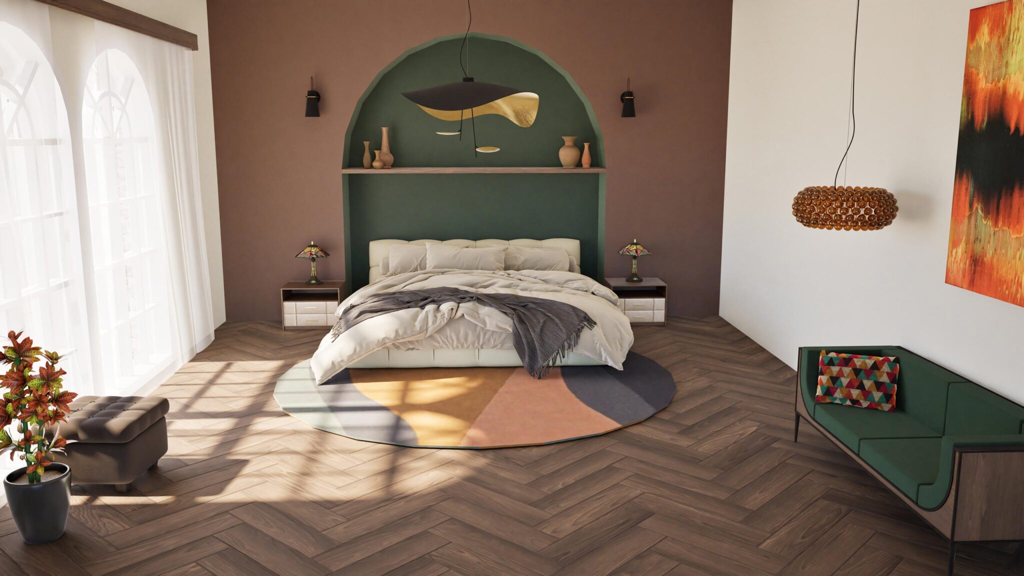 Chambre avec alcôve verte, lit central, parquet en chevrons et suspension