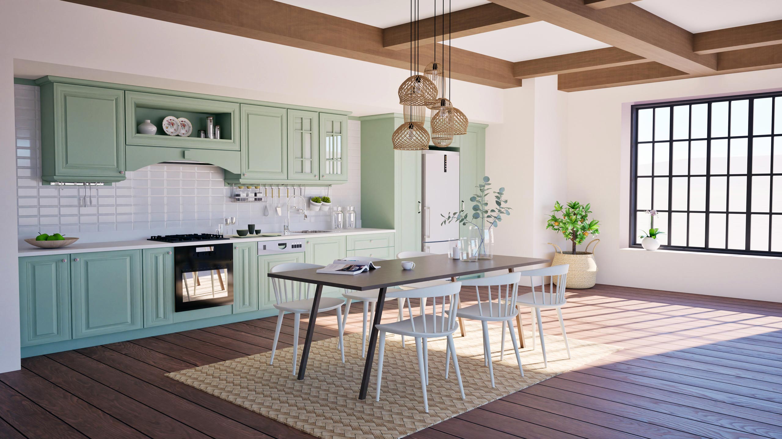 Espace de vie avec cuisine ouverte style campagne chic, poutres apparentes et grandes fenêtres – Studio AB Origin, architecte d’intérieur à Clermont-Ferrand