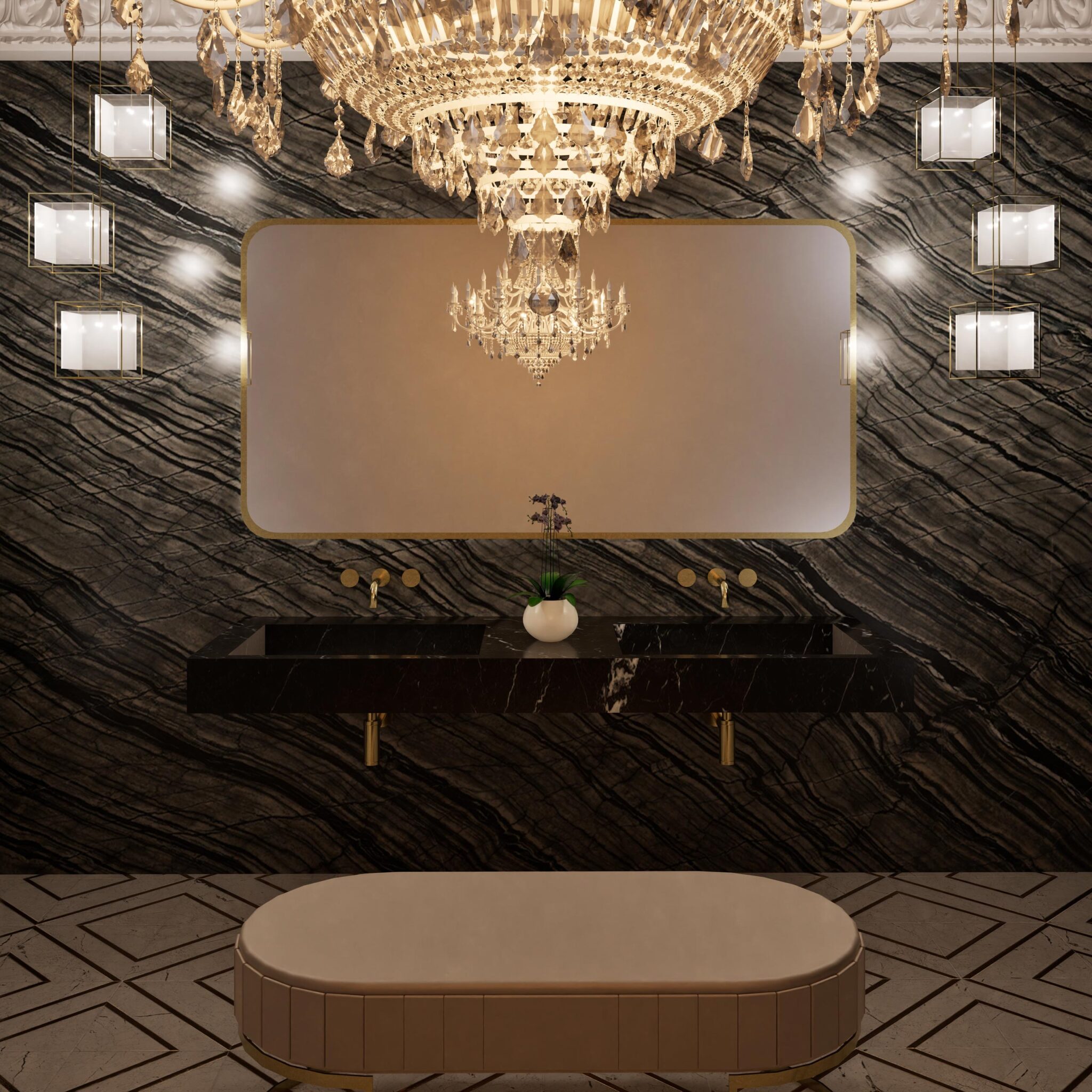 Salle de bain avec murs en marbre veiné, double vasque noire et lustre en cristal