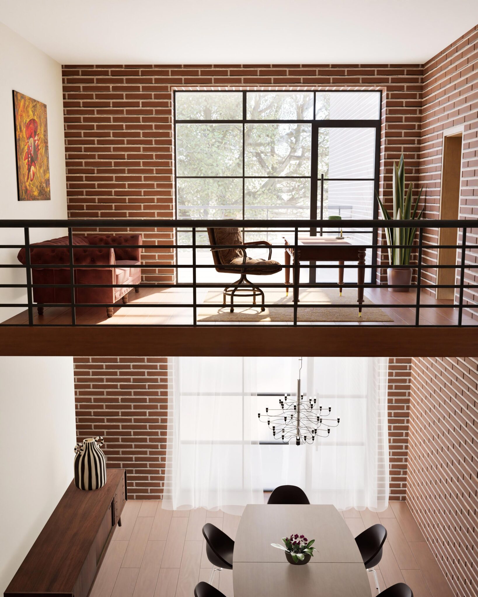 Bureau en mezzanine avec murs en briques, garde-corps noir et mobilier en bois