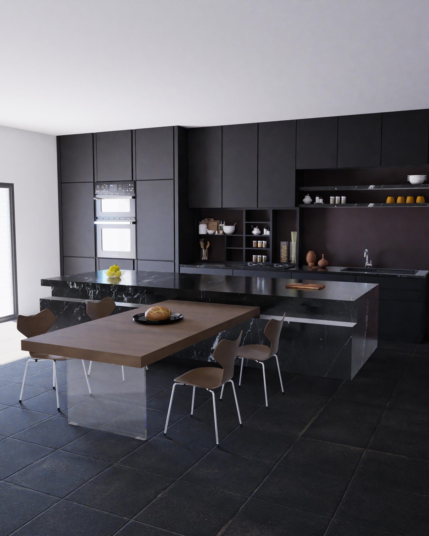 Cuisine ouverte avec mobilier noir mat, îlot central en marbre et table en bois