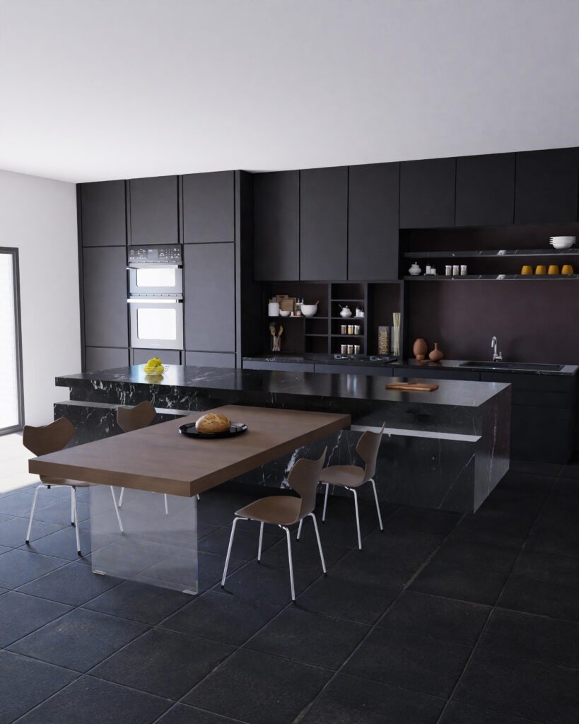 Cuisine contemporaine ouverte avec mobilier noir mat, îlot central en marbre noir et table en bois naturel – Studio AB Origin, architecte d’intérieur
