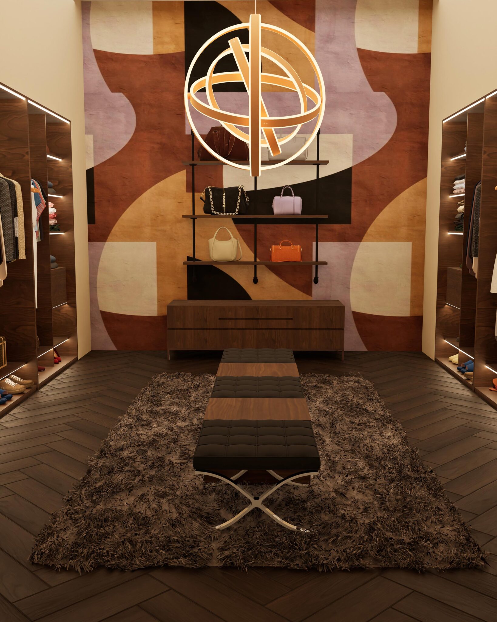 Dressing sur mesure avec rangements en bois, assises centrales et éclairages intégrés