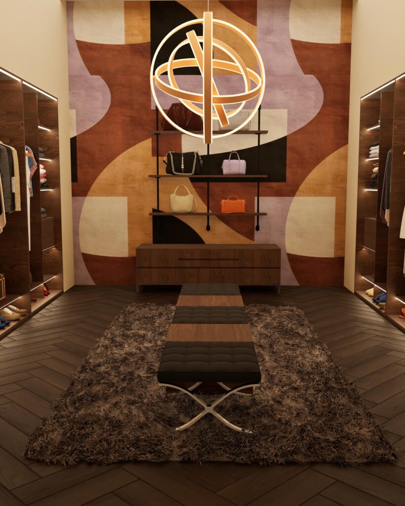 Dressing sur mesure au design contemporain avec éclairage intégré, banquette centrale et papier peint graphique – Studio AB Origin, architecte d’intérieur à Clermont-Ferrand