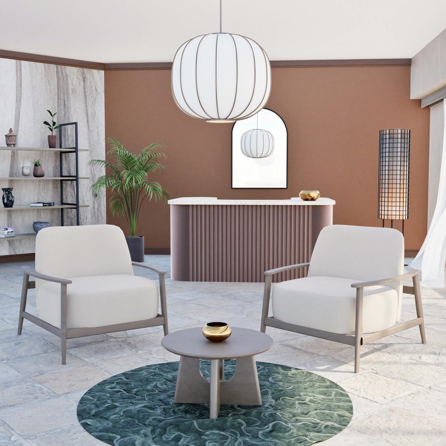 Espace d’accueil avec fauteuils beige, table basse ronde et comptoir arrondi