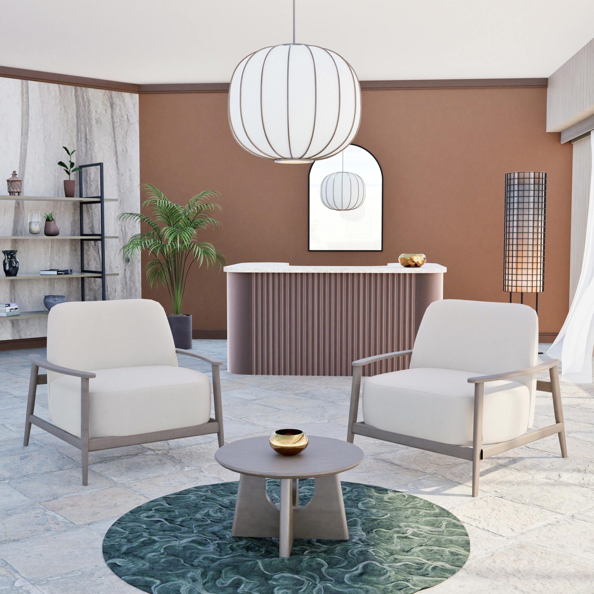 Espace d’accueil avec fauteuils beige, table basse ronde et comptoir arrondi