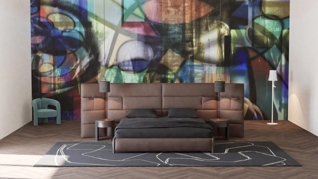 Chambre contemporaine avec tête de lit en cuir brun, papier peint artistique coloré, fauteuil de créateur et luminaires minimalistes - Studio AB Origin, architecte d’intérieur