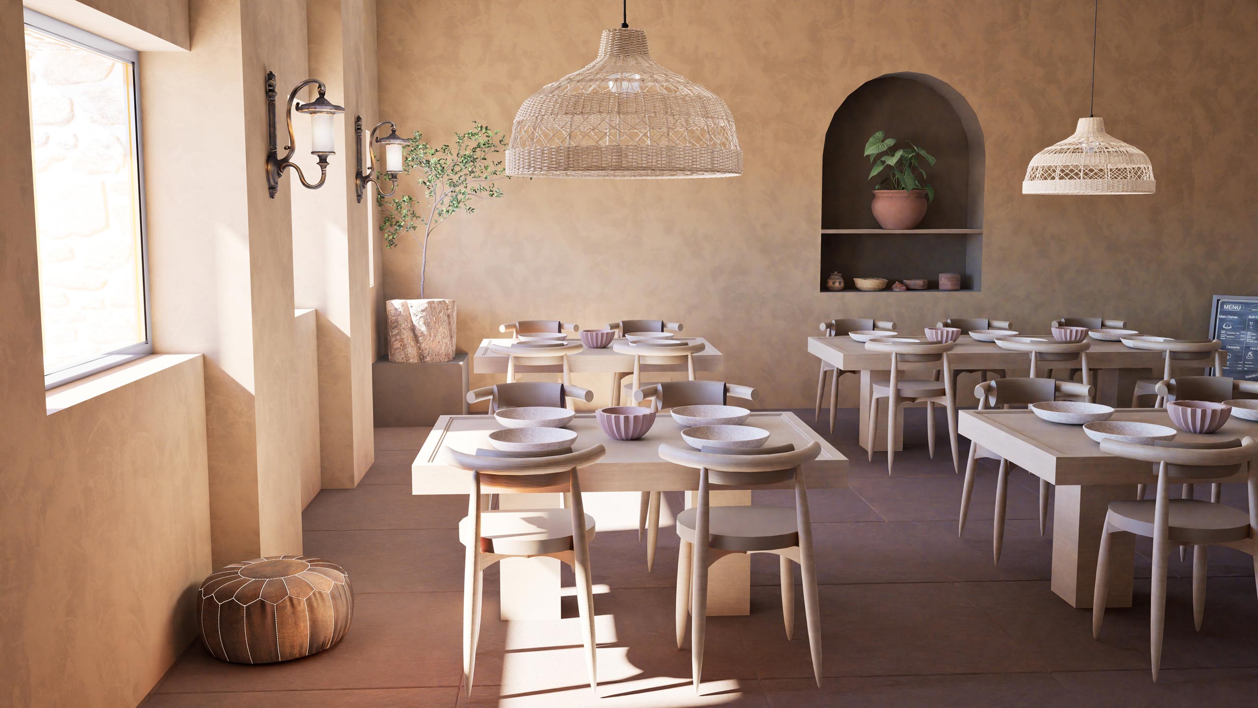 Restaurant au style méditerranéen conçu par Studio AB Origin, architecte d’intérieur à Clermont-Ferrand, avec tables en bois clair et suspensions en rotin – décoration chaleureuse et murs couleur sable