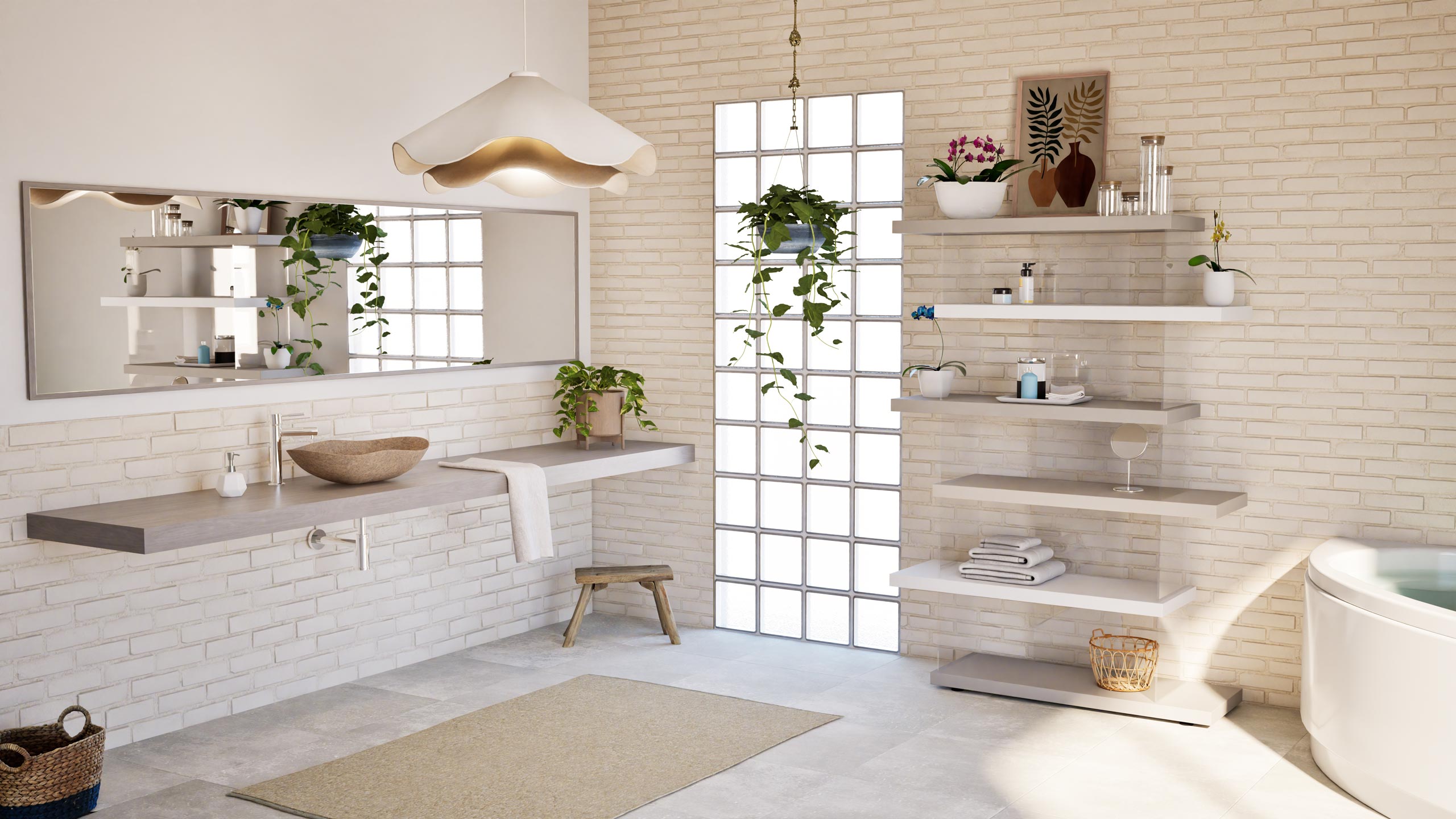 Salle de bain lumineuse avec murs en briques blanches, vasque en pierre naturelle, grand miroir rectangulaire et étagères aériennes – Studio AB Origin, architecte d’intérieur à Clermont-Ferrand