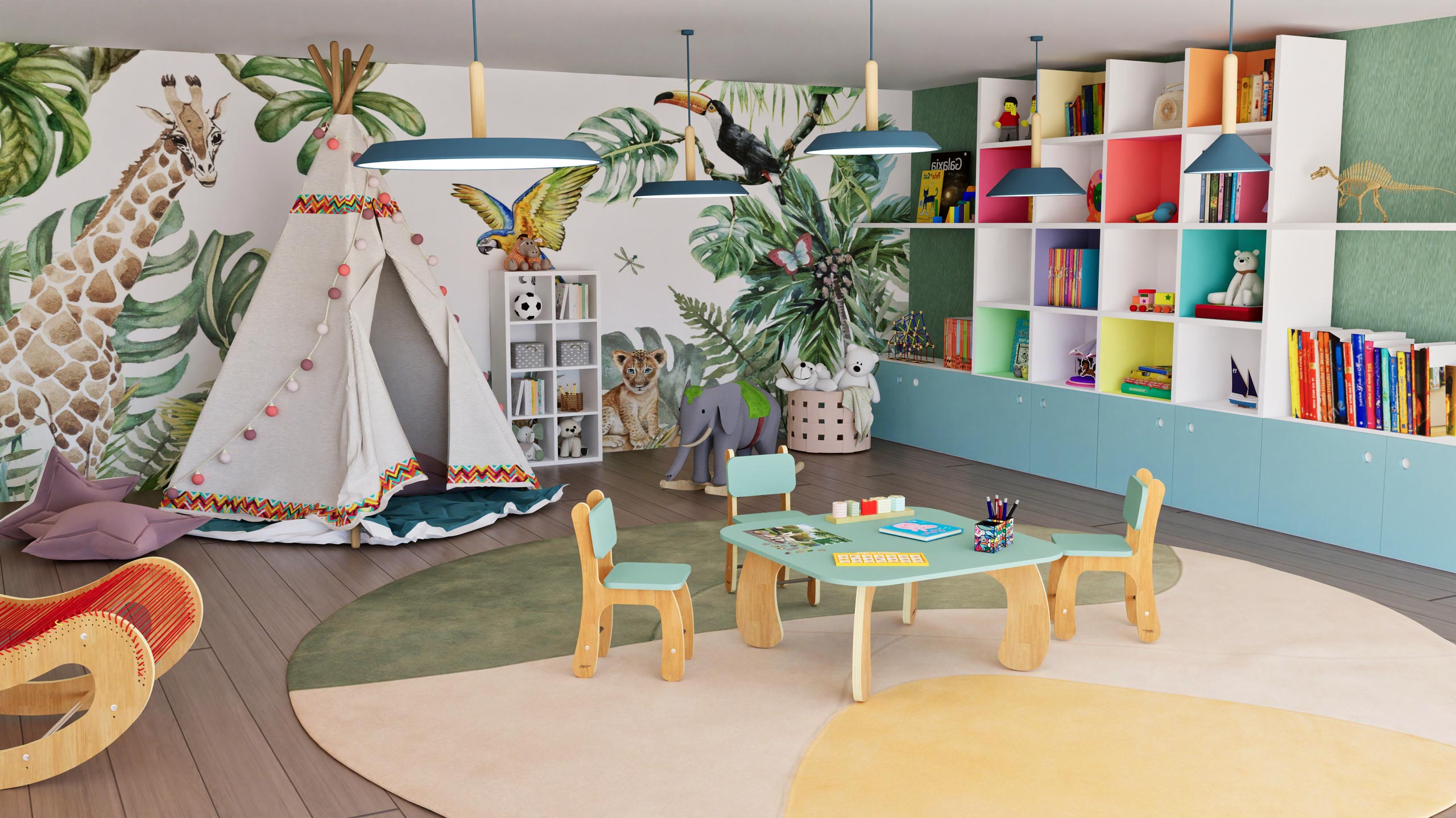 Espace de jeu pour enfants avec tipi crème, mobilier en bois clair, étagères colorées et suspensions bleues dans une salle lumineuse
