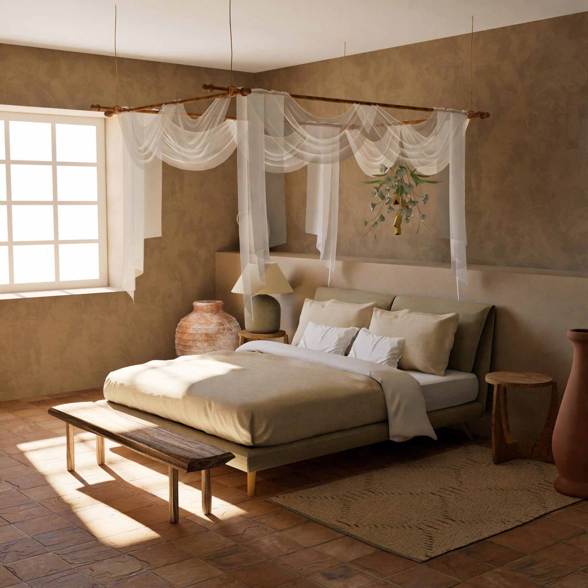 Chambre parentale avec lit à baldaquin en bois et voilages légers