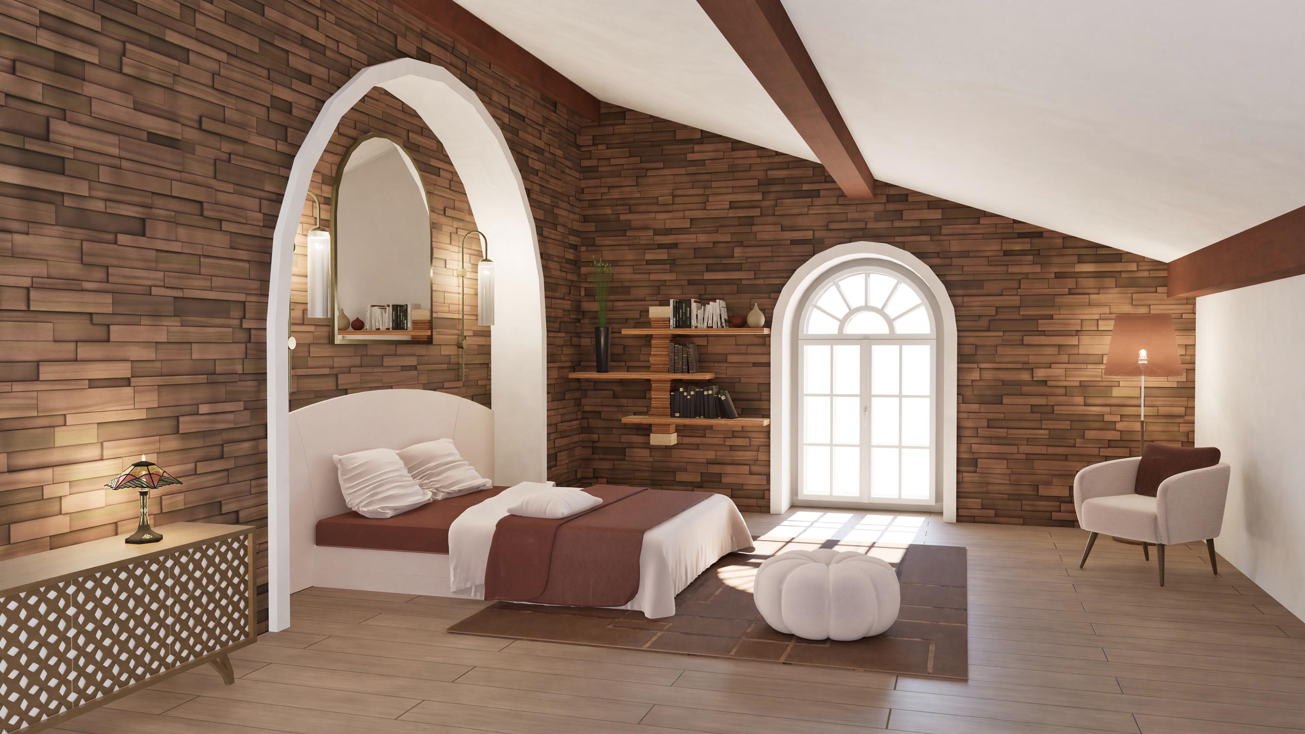 Chambre avec murs en brique, arches architecturales et fenêtre cintrée