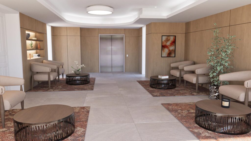 Salle d’attente contemporaine avec fauteuils beige, tables basses rondes et panneaux bois