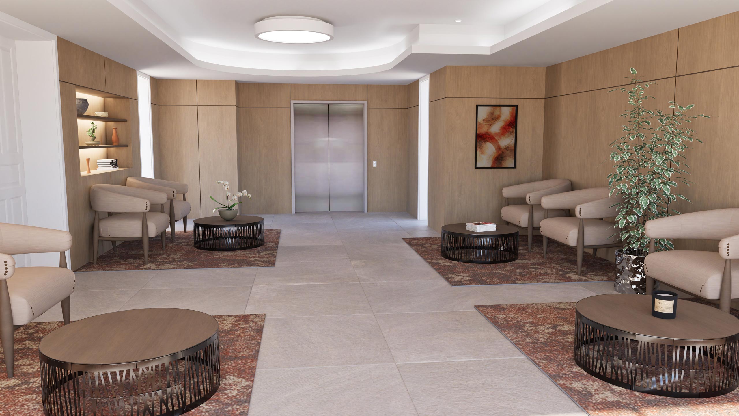 Salle d’attente contemporaine avec fauteuils beige, tables basses rondes et panneaux bois