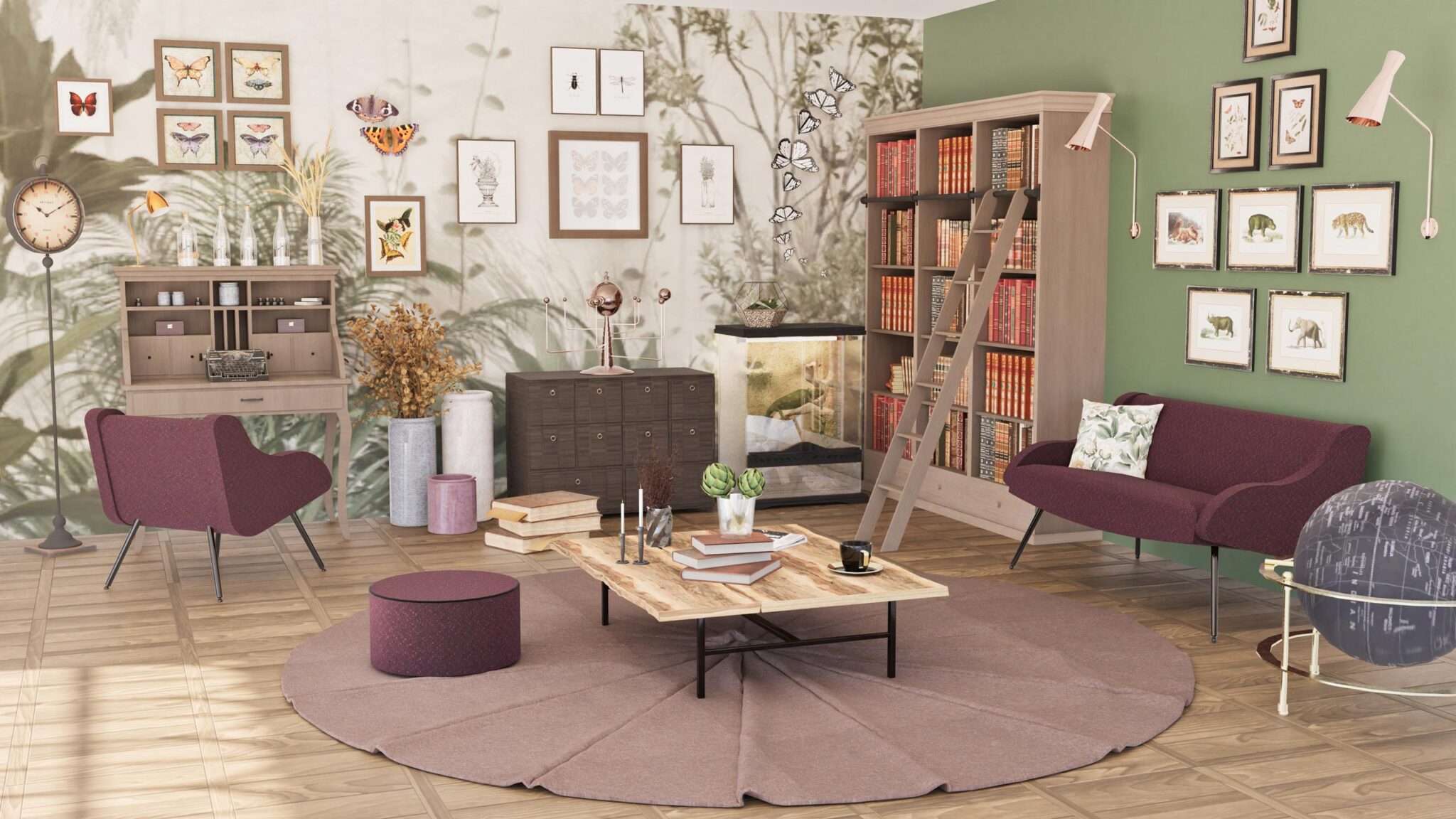 Bureau avec bibliothèque bois, mur vert et canapé bordeaux