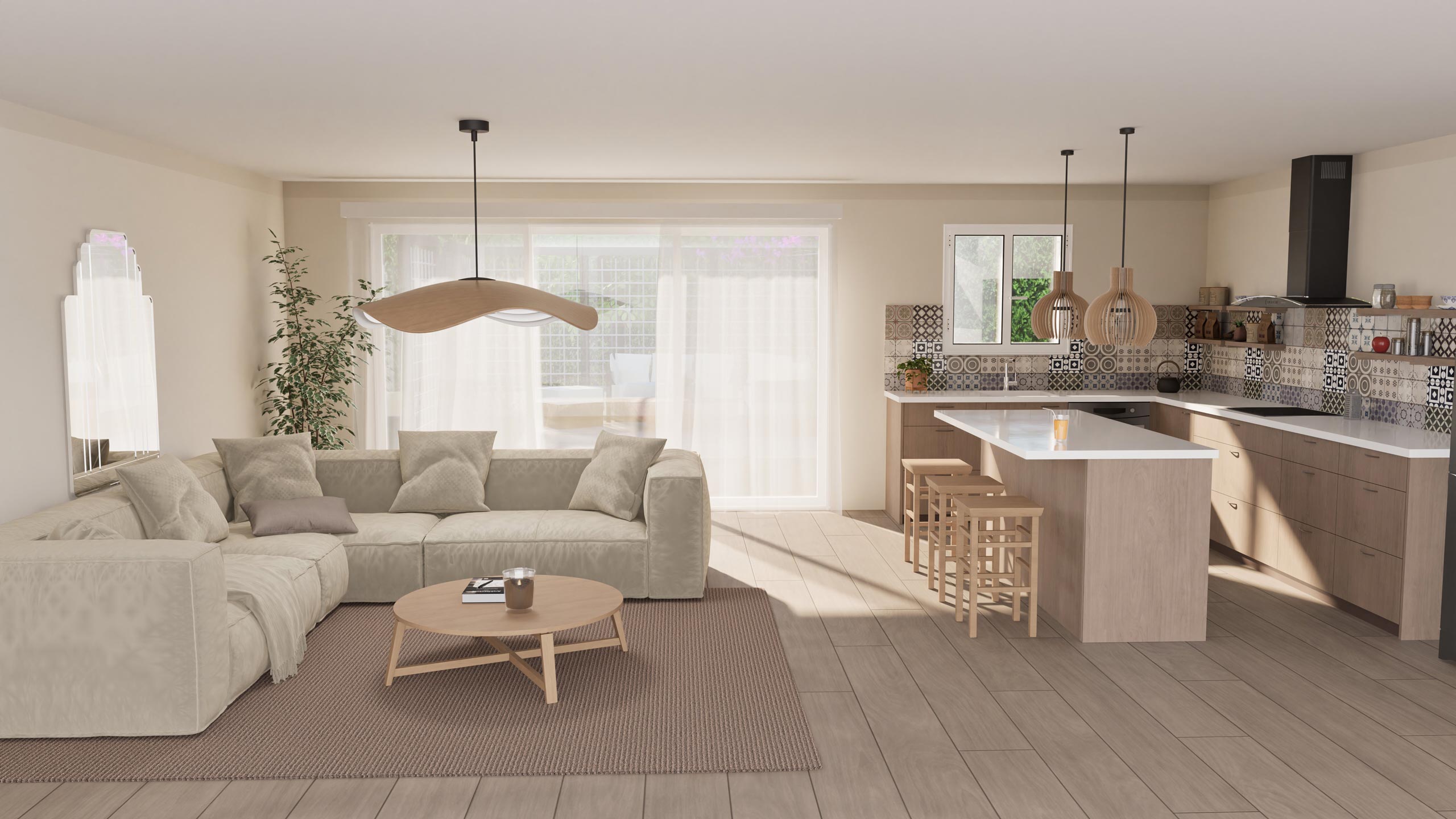 Cuisine ouverte contemporaine avec îlot central, salon clair et suspensions en bois