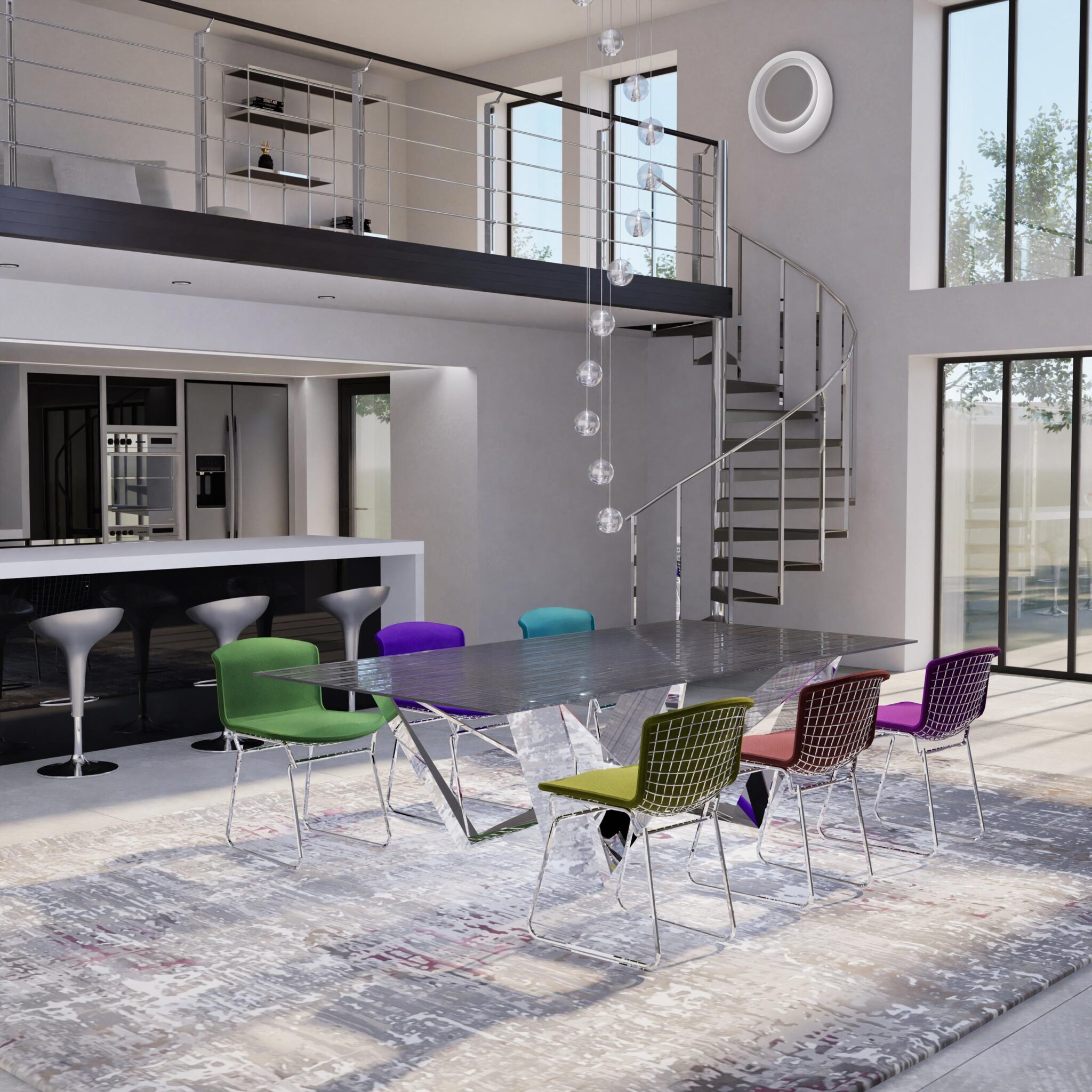 Salle à manger de loft contemporain avec table noire, chaises colorées et cuisine ouverte