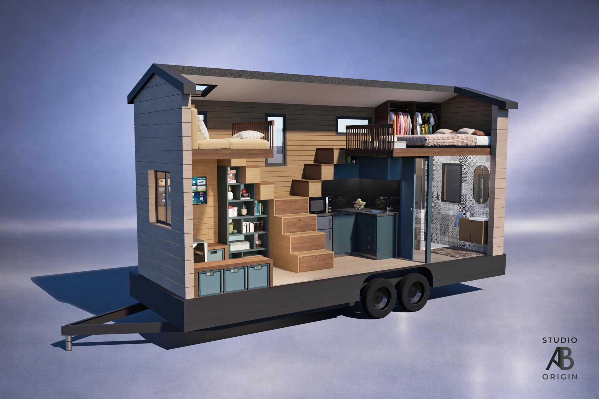 Tiny house sur remorque avec mezzanine, escalier rangement, cuisine et salle de bain