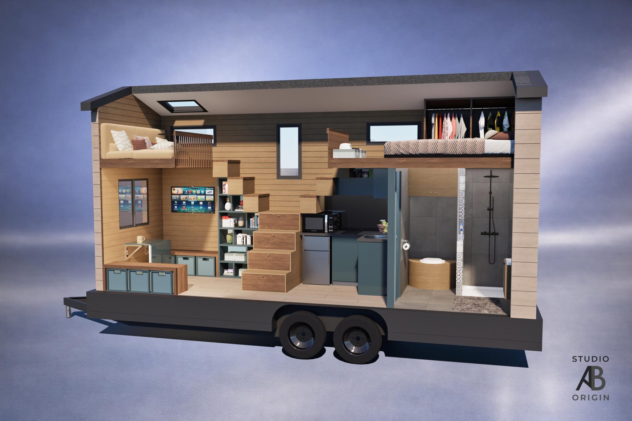 Tiny house vue latérale avec mezzanine, escaliers, rangements, cuisine et salle de bain intégrée