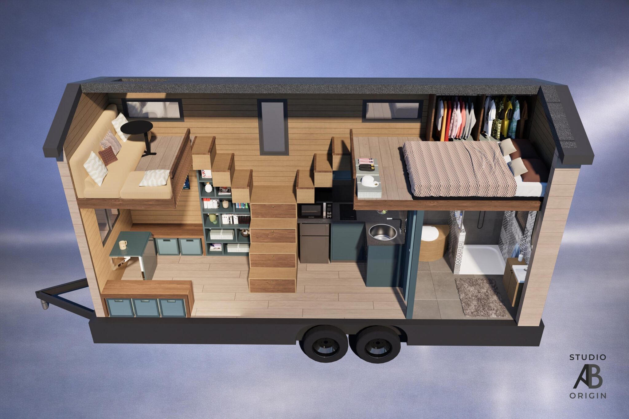 Tiny house vue en coupe avec double mezzanine, escaliers, rangements et cuisine intégrée