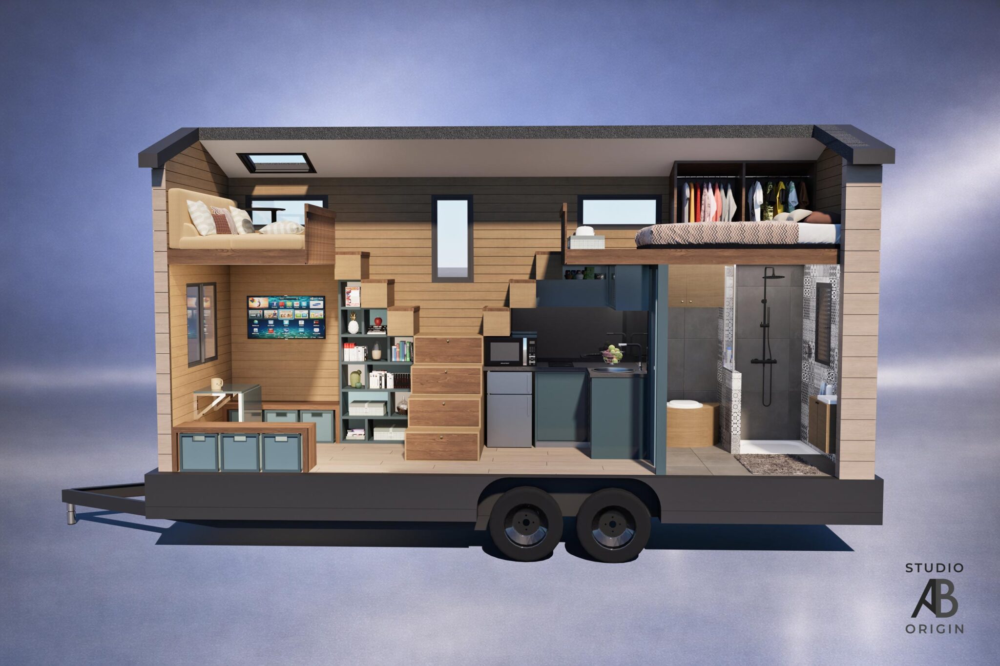 Tiny house avec mezzanine, escalier rangement, cuisine et salle de bain