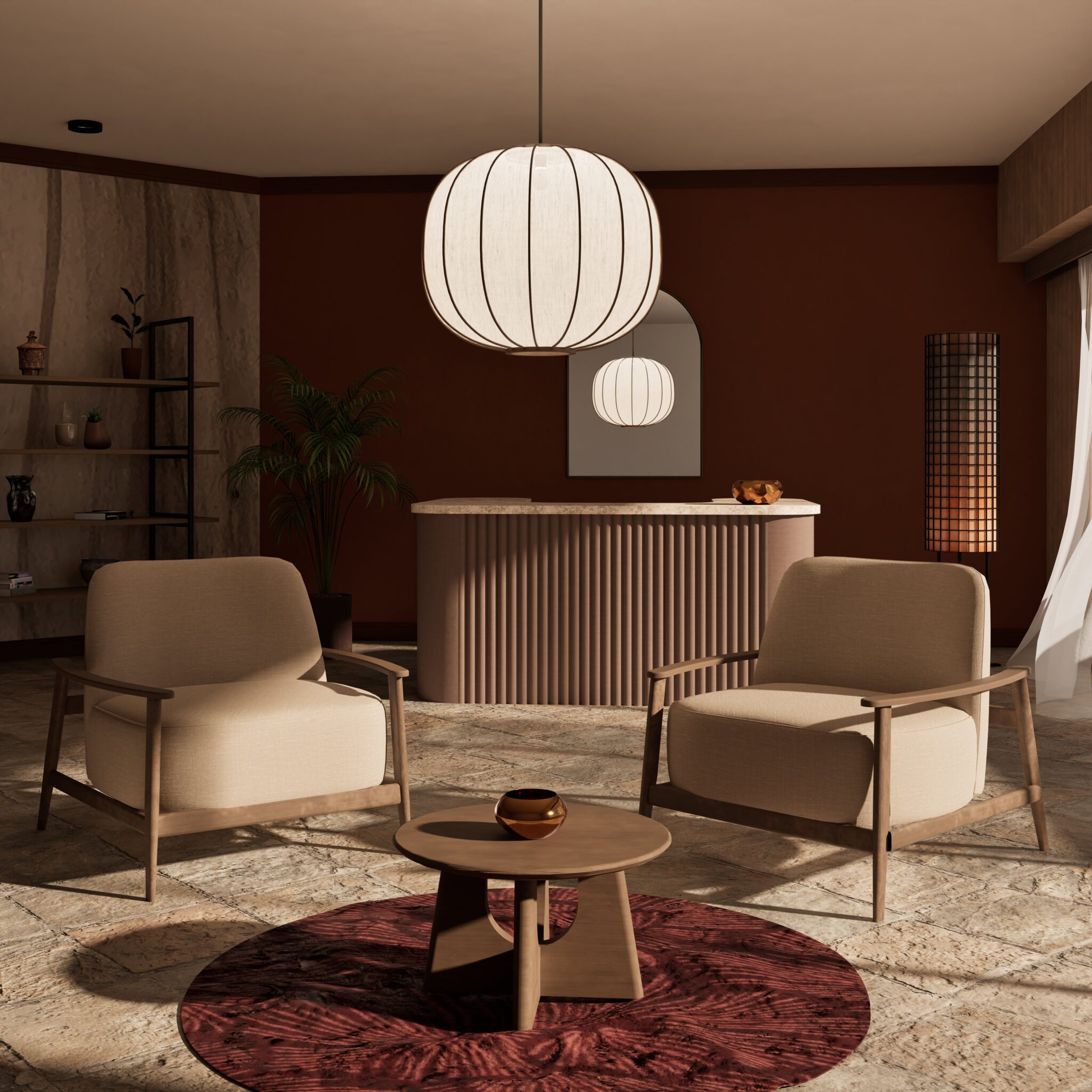 Salle d’attente avec deux fauteuils beiges, table basse ronde et comptoir arrondi sous suspension lumineuse