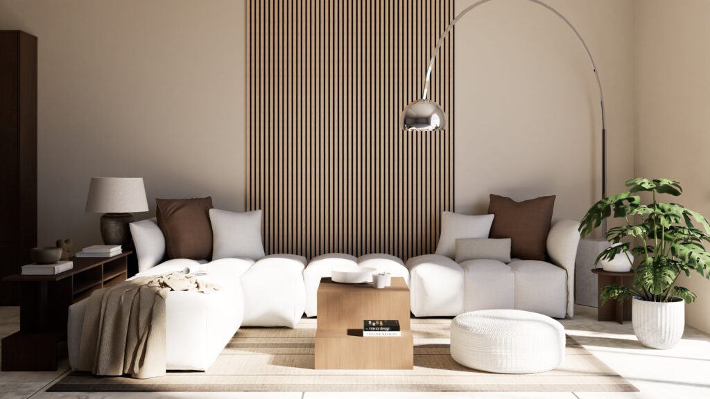 Salon contemporain avec canapé modulable, habillage bardage bois et lumière naturelle