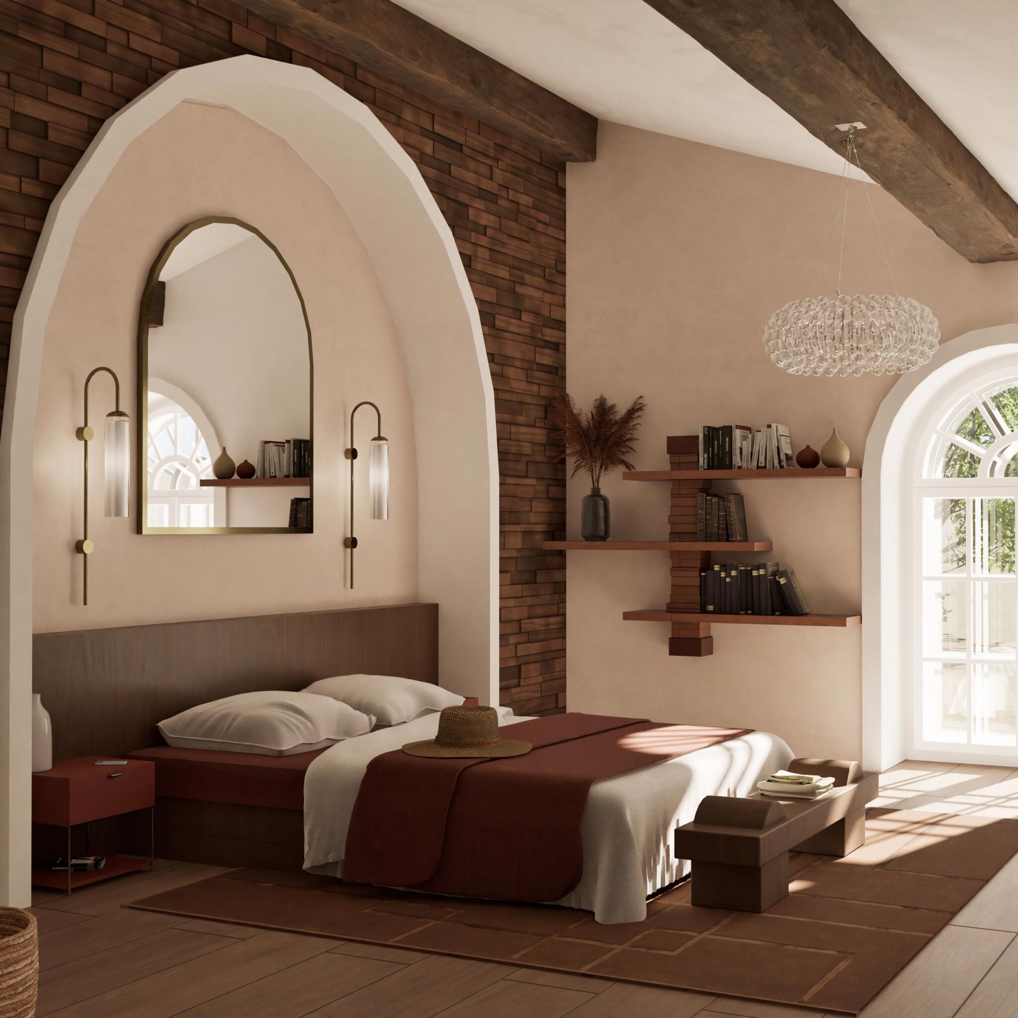 Chambre contemporaine sur mesure, murs en brique, arche et lumière naturelle
